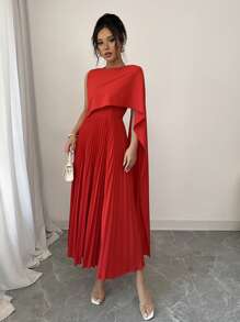 Elenzga Bohemian Pleated A-Line Waisted Sleeveless Midi Dress, For Vacation In Spring & Summer - Red - View 5