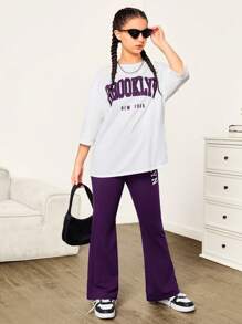 SHEIN Teen Girl 2pcs/Set Loose Letter Printed Knit Mid-Sleeve T-Shirt And Flared Pants Casual Sports Outfit Clothing,Graduation Outfit Graduation Outfit - Purple - View 4