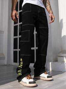 ROMWE MEN Street Life Men's Punk Color Block Stitching Flare Leg Jeans