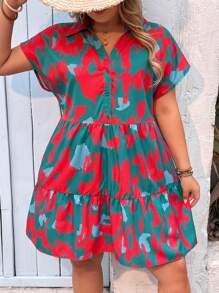 SHEIN VCAY Abito casual con stampa all-over e maniche a pipistrello, per taglie forti, adatto per le vacanze - Multicolore - Visualizzare 6