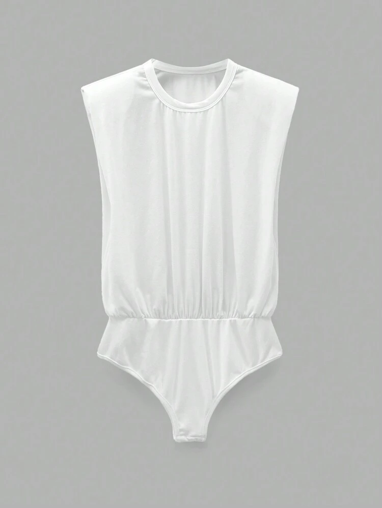 SHEIN Maija 2025년 여름 신상 화이트 크루넥 민소매 퍼프 칼라 플리츠 스플라이싱 바디수트, 미니멀리스트 캐주얼 다용도 바디수트, 세인트 패트릭 데이, 해변 휴가, 음악 페스티벌에 적합