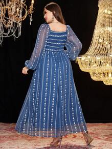 Modelyn Vestido de gasa con bordado floral, cuello cruzado con volantes, manga farol, estilo elegante y fluido, cómodo y romántico, para mujer tallas grandes - Azul - Ver 2