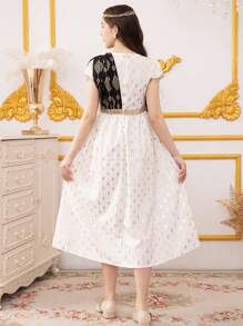 SHEIN 少女锡箔圆点印花拼布系带袖连衣裙 - 彩色 - 查看 2