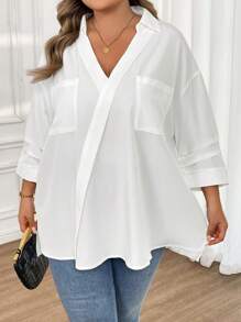 SHEIN CURVE+ Plus Size Casual Commuter Solid Color Wrap Loose Shirt - White - View 5
