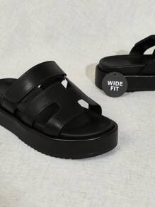 SHUZIA Wide Fit Women's Luxury Harness Cutout Open Toe Platform Pu Black Slide Sandals –Plus Size Comfortable, Slip-On, Essential Mother's Day Present