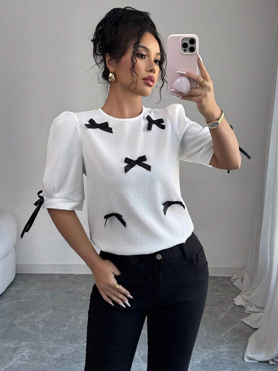 Elenzga 复古蝴蝶结泡泡袖设计宽松小众圆领短袖女衬衫