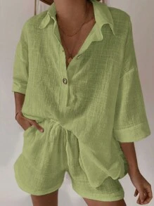 Muchica Lime Green Women's Casual Linen 2 Pieces Set - Lime Green - View 2