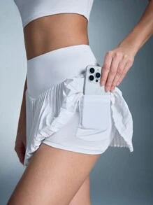 Women Solid Color Cropped Top And Pleated Mini Skirt Sports Set - White - View 3