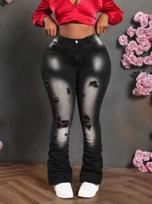 SHEIN SXY Jeans in Große Größen, sexy, skinny, zerrissen, ausgestellt, schwarz, lang geschnitten, Jeans im Y2K-Stil, Hosen für Frauen, figurbetonte Hosen, gestapelte Jeans für Frauen, Petite Schlaghosen, für Kurven und Große Größen