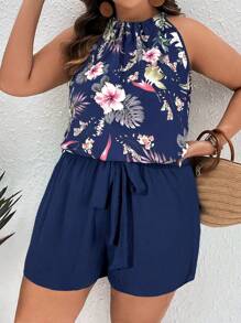 SHEIN VCAY Plus Floral Print Halter Top & Knot Front Summer Shorts,Holiday Outfits Boho - Navy Blue - View 4