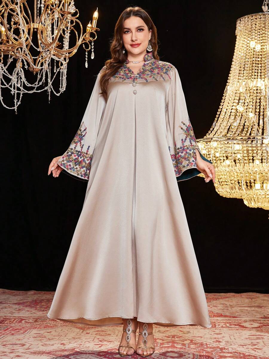 Al Najma Plus Size Women's Arabic Style Long Dress, Minimalist Embroidered Luxurious & Elegant Kaftan,Modest