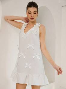 Aveloria Romantic Elegant French Sweetheart V-Neck Sleeveless Mini Dress With Bow Applique Ruffle Hem Patchwork All Over Print  For Summer - White - View 5