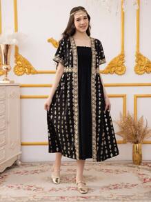 2 件套：适合少女的简约时尚休闲连衣裙和夹克 - 黑色 - 查看 5