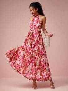 Enchnt Women's Elegant Floral Print Backless Dress
