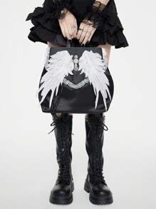 ROMWE Goth 1pc White Angel Wings With Rhinestone Cross Lace Decor Backpack - Black - View 6