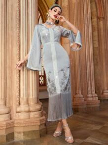 Al Najma Women's Elegant Sequin Embroidery Rhinestone Tassel Hem Arabian Dress, Luxury Evening Dress Arabian Dresses - Grey - View 2
