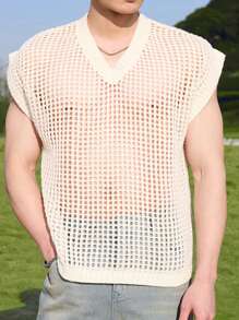 Manfinity Hypemode Men's Solid Color V-Neck Hollow Out Loose Knit Sweater Mesh Top Men
