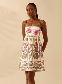 CAJUNI 女士波西米亚风热带花卉印花无袖露背系带前短款连衣裙，休闲夏日海滩度假 - 彩色 - 查看 3