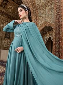 Al Najma Vestido de estilo árabe de manga larga y longitud de maxifalda para mujer