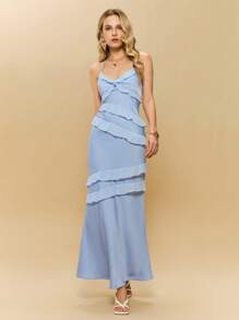 Poéselle Women's Elegant Ruffled Spaghetti Strap Maxi Dress In Soft Light Blue,Perfect For Summer Weddings,Party And Formal Events Evening Gowns Attire - Blue - View 3