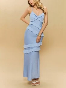 Poéselle Women's Elegant Ruffled Spaghetti Strap Maxi Dress In Soft Light Blue,Perfect For Summer Weddings,Party And Formal Events Evening Gowns Attire - Blue - View 5