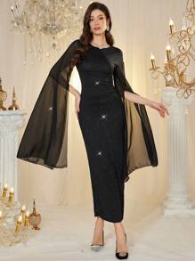 Modelyn Women's Elegant Party Cloak Sleeve Fitted Dress - Black - View 6