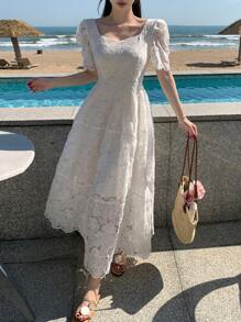 DAZY Women's Bohemian Style Lace Puff Sleeve Waist-Defined Mid-Length Dress Sundress - White - View 1