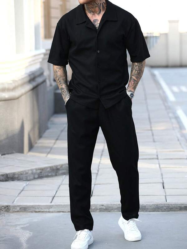 Manfinity CasualCool "Men's Casual Daily Wear: Beach Vacation Style, INS Matching Black Shirt Set With Delicate Waffle Knit Textured Jacquard. Features A Short Sleeve Long Pants Shirt Set With Button Placket Design. Perfect For Spring And Summer Refreshing Outfits, Suitable For Hawaiian Beach Vacations, And A Great Couple's Outfit For Valentine's Day, Making It An Ideal Gift For Boyfriends Or Husbands." Men Two Pieces Outfits , Outfit For Men Outfits For Men Men Shirt Co Ords