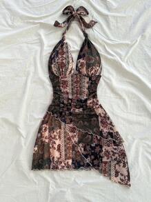 Soleia 花卉和佩斯利图案吊带 V 领系带透明褶皱浪漫度假迷你连衣裙，适合音乐节、波西米亚风、节日约会、下午茶 - 彩色 - 查看 4