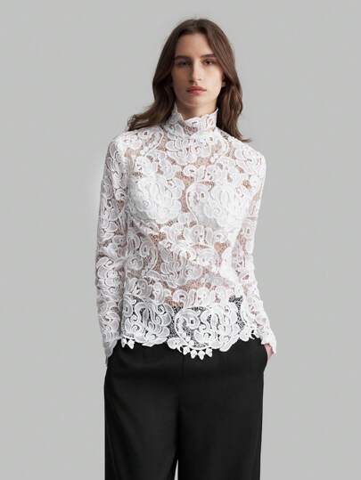 Ontre 女装2025春季新品白色蕾丝花边立领长袖衬衫，优雅百搭复古宫廷风复古立领女式衬衫