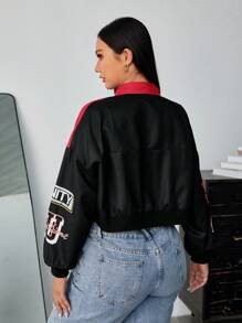 SHEIN EZwear 大码女式彩色块字母印花短款夹克 - 紅色 - 查看 2