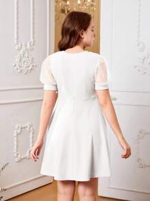 SHEIN Teen Girl Elegant Plain Knitted Patchwork With Mesh Chiffon Dress