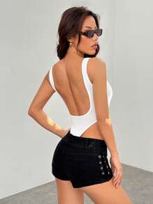 SHEIN PETITE 女士黑色针织紧身衣 简约时尚日常休闲 - 白色 - 查看 1