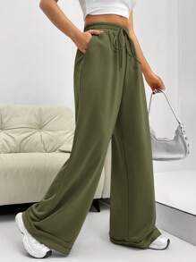 SHEIN EZwear Women Solid Color Waist Tie Pocket Loose Casual Sweatpants