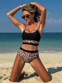 Swim Lushoire Frauen Bikini Set mit hoher Taille, Leopardenmuster, schwarz elegant, für den Strandurlaub