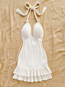 Soleia Vestido mini ajustado de punto texturizado con escote en V, cintura anudada, volantes en el bajo, apropiado para vacaciones, fiesta, citas, tarde de té, playa, verano