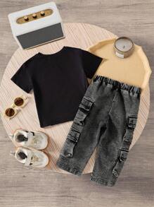 Baby Boy Summer Street Life Casual Graphic Street Fashion Set,Red And Black Round-Neck Print Top&Work Denim Pants,Handsome Beach Loose-Fitting Outfit - Black - View 2