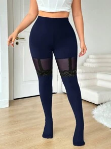 SHEIN EZwear Quần áo Valentine cỡ lớn cho nữ, Quần legging viền ren lưới đen, Quần áo xuân hè - Màu xanh hải quân - Xem 6