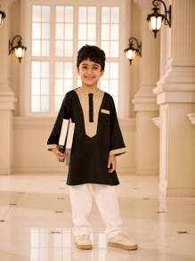 SHEIN Young Boy Contrast Color Round Neck Button Half-Placket Long Sleeve Casual Shirt - Black - View 5