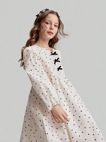 Ontre Tween Girls Cute Polka Dot Small V-Neck Bow Decor 3/4 Batwing Sleeve Loose Ruched Hem Casual Dress, Suitable For Vacation, Home, School, Fashion & Versatile