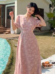 DAZY Women's V-Neck Short Sleeve Elegant Textured Mid-Length Dress Summer Floral SunDress - Pink - View 5