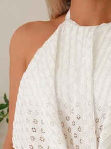 SHEIN Swim 女士两件套夏季海滩度假装，白色镂空上衣和高腰下装比基尼套装 - 白色 - 查看 3