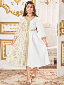 SHEIN Váy nghỉ mát thêu viền dệt thanh lịch cổ điển cho bé gái tuổi mới lớn - trắng - Xem 6