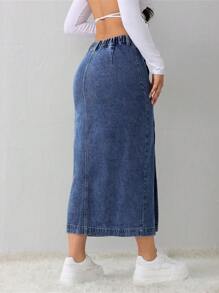 SHEIN Tall 女士牛仔半身裙休闲宽松侧开叉蓝色中裙高腰女裙浅蓝色短裙蓝色裙子冬季女装 - 深色水洗藍 - 查看 2