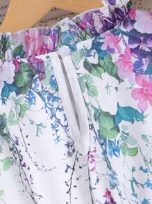 SHEIN Tween Girl Digital Floral Print Ruffle Hem Pleated Elegant Dress, With Short Sleeves, Ruffle Collar & Waist Belt,Holiday,Summer,Travel - White - View 3