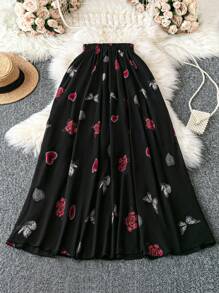 SHEIN VCAY Große Größen Valentinstag Set aus schwarzer Chiffon Herz Muster Bluse mit elastischer Taille und A-Linien Laternärmel und weitem A-Linien Rock, romantisch für Datenight