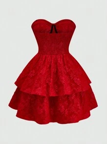 Sweetra Plus Size Women Elegant Floral Jacquard Double Layer Hem Tube Top Mini Dress, Suitable For Holiday,Party, Dance Events Wedding Day Wedding Guest - Red - View 2