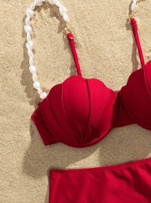 Swim Vcay Springbreak Swim 2pcs Solid Color Bikini Set With Pearl Strap & Shell Decor Hard Cup Swimwear, For Summer Beach Vacation - Red - View 5