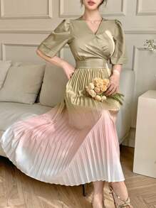 DAZY V-Neck Ombre Ruffle Waist Midi Dress For Women - Yellow - View 4