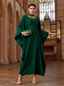 Al Najma Women's Rhinestone Decor Mesh Patchwork Turkish & Arabic Traditional Long Robe Kaftan Jalabiya Dress - Green - View 6